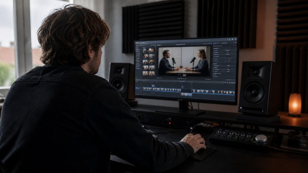Video-editor monteert een zakelijke podcast met twee correct geplaatste monitorspeakers