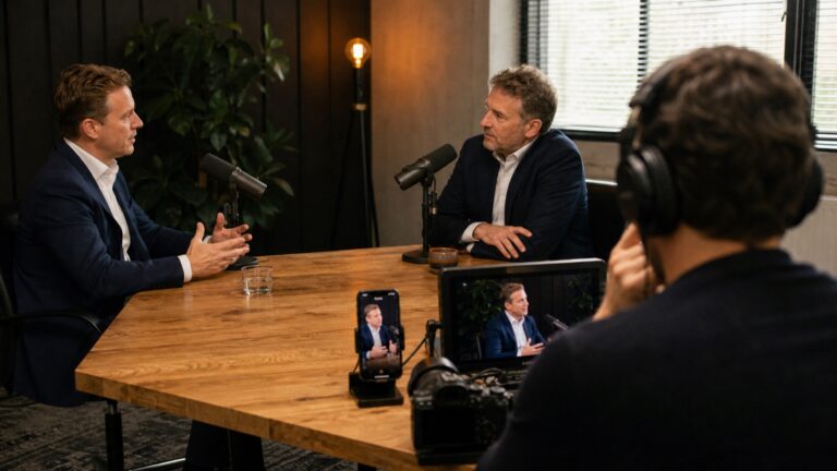 Zakelijke podcastopname wordt vastgelegd voor korte online videofragmenten